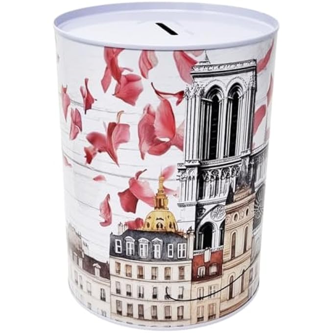rayihni TIN MONEY BOX PARIS DESIGN CHARACTERISTIC ELEMENTS OF THE CITY AND MONUMENTS EIFFEL TOWER NOTRE DAME ARC DE TRIOMPHE IN METAL, UNOPENABLE TIN 16 X 13 CM - Image 3